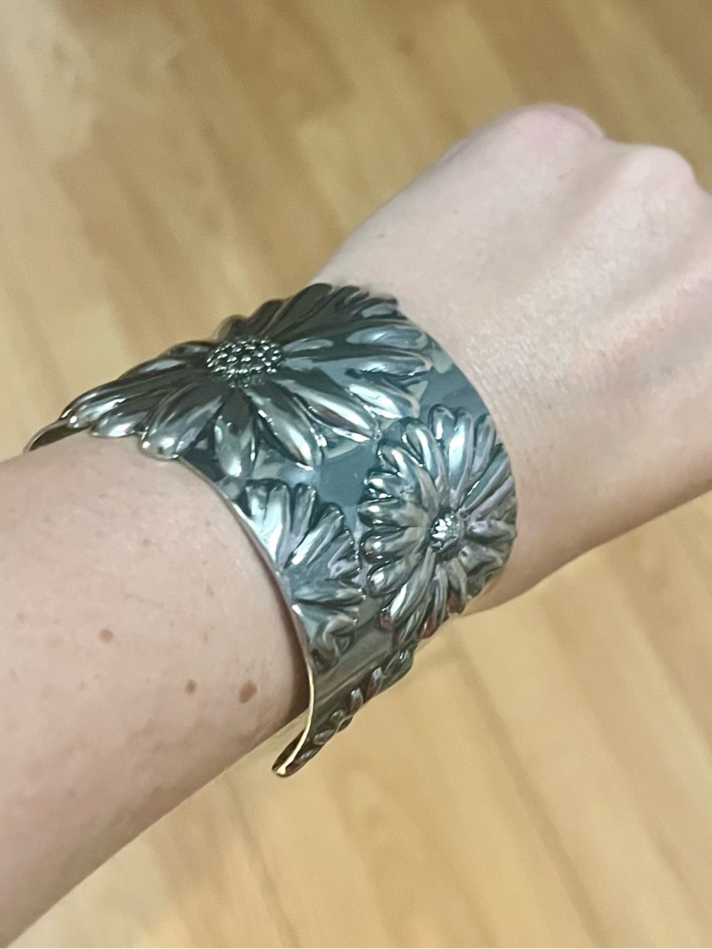 Floral Embossed Silver Cuff Bracelet - Women's Floral Metal Bangle
